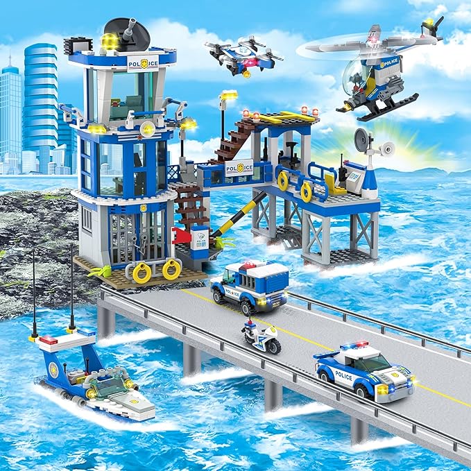 City Police Station Toy Building Set - 890 Pieces Helicopter, Police Car and Truck, Patrol Boat, Coast Guard Headquarter Toy - Ideal Creative Roleplay Gift for Kids, Boys, and Girls Ages 6-14
