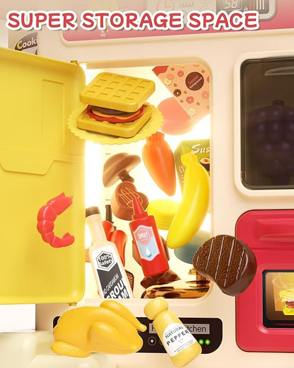 49Pcs Kitchen Playset for Boys & Girls, Kid Play Kitchen with Realistic Lights & Sounds, Spray Sink Toy Kitchen Accessories, Pretend Food Toys Kitchen for Toddlers(Red)