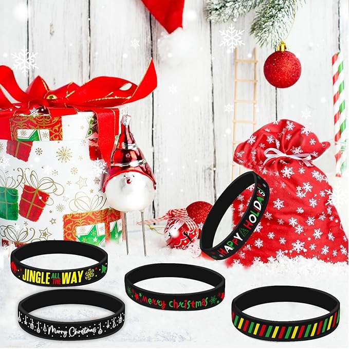 Morcheiong 42 Pieces Christmas Rubber Bracelets 7 Classic Design Silicone Wristbands for Merry Xmas Party Favors (Black)