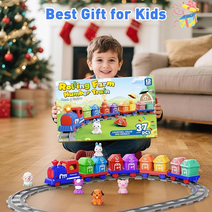 Train Set for Toddlers 2-4, Electric Toy Train with Farm Animals & Music & Lights, Montessori Counting & Sorting Learning Toys for 1 2 3 Year Old Boys Girls, Christmas Easter Birthday Gift