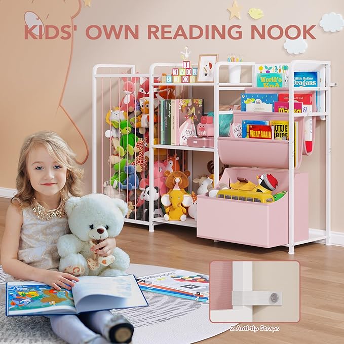 BBLIKE 3in1 Stuffed Animal Storage Organizer - Toy Storage with Kids Bookshelf & Large Plushies Holder for Kids Room - Multi-Functional Furniture for Nursery, Bedroom, and Playroom, Pink