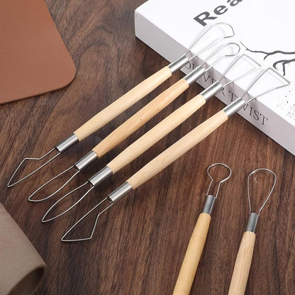 6Pcs Pottery Carving Tools Double-Sided Clay Sculpting Tools Clays Wire Loop Sculpture Set Wooden Handle Ribbon Clays Tool Pottery Trimming Tool for Ceramic Wax Carving Ceramic Modeling