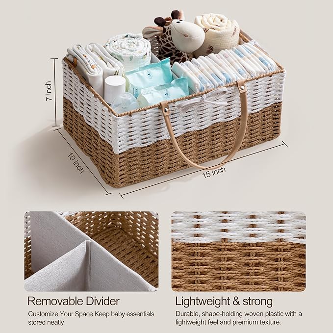 HBlife Large Baby Diaper Caddy Organizer, Paper Rope Storage Baskets Nursery Bin with Removable Divider, Portable Car Organizer for Diapers, Baby Shower Gifts, Newborn Essentials Must Haves