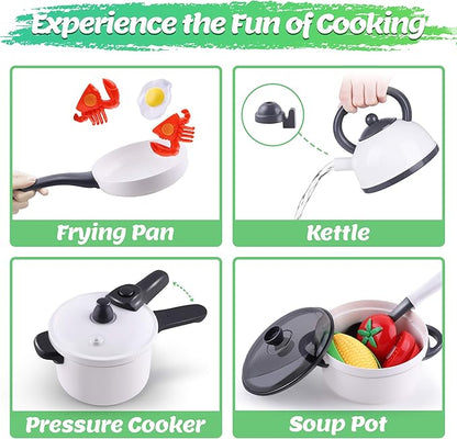 iPlay, iLearn Kids Kitchen Toy Accessories, Toddler Cooking Playset, Pretend Pots Pans Set, Girls Cookware Appliance, Child Cutting Food Utensils, Valentine's Easter Gift for 3 4 5 Years Old Boy-White