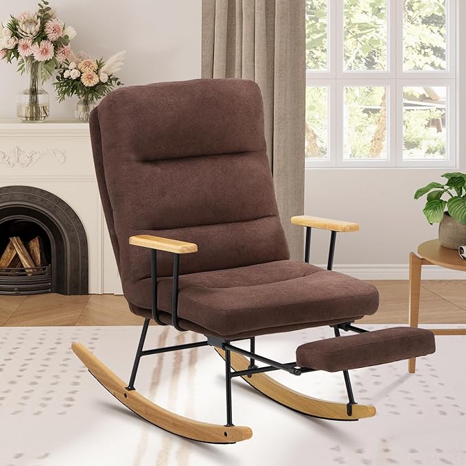Rocking Chair with Footrest-Glider Rocker Chair with Retractable Footrest and Adjustable Backrest, Teddy Upholstered Rocking Chair, Modern Accent Chair for Living Room/Nursery/Bedroom/Outdoor-Brown