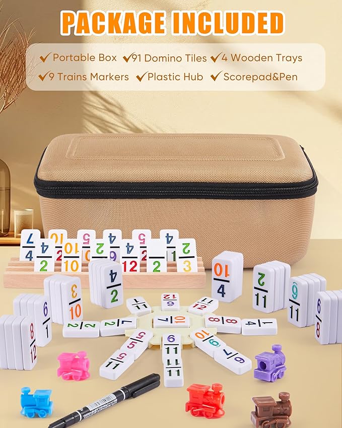KAILE Mexican Train Dominoes Set with Numbers, Double 12 Dominoes Set with 4 Wooden Trays/Racks, 91 Tiles Colored Dominoes Train Games for Family Night, Travel, Party