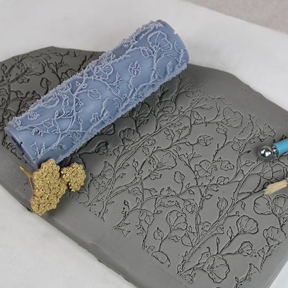 Twining Bloom Vines Clay Texture Roller (4") - Seamless Meadow Set #01 - Embossing Pattern Roller for Polymer & Ceramic Clay, Pottery & Crafts