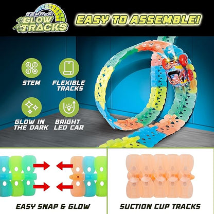 USA Toyz Zero-G Glow Race Track for Kids- 210pcs Glow in The Dark Flexible Race Track Set with Suction Cups, Slot Car, 2 Graffiti Toy Cars Shells, STEM Toy LED Car Tracks for Boys and Girls Age 3+