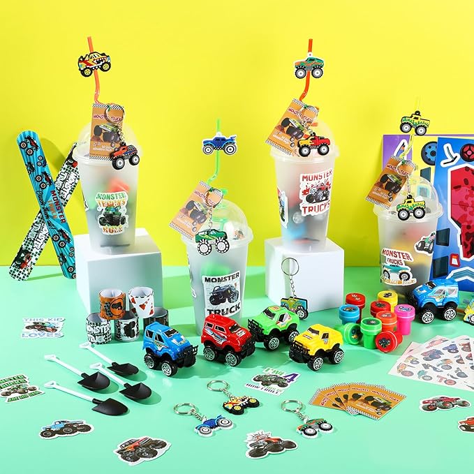 HyDren 171 Pcs Truck Party Favors Included Gift Cup Straw Keychain Slap Bracelet Mini Truck Puzzle Sticker Stamper Card Tattoo Sticker Shovel Sticker Tag Cable Tie for Birthday Gift Prize