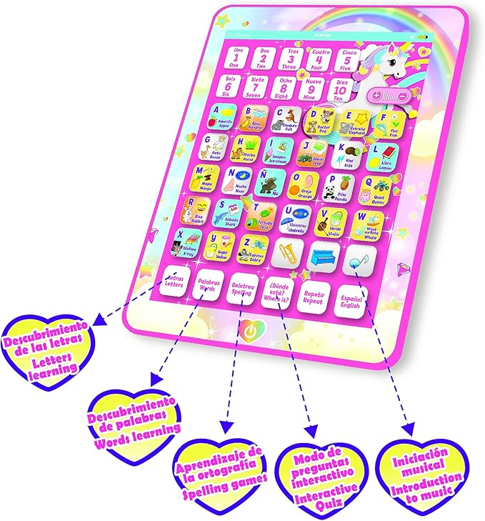 Lexibook Unicorn Educational Bilingual Interactive Learning Tablet, Toy to Learn Alphabet Letters Numbers Words Spelling and Music, English / Spanish Languages, Pink, JCPAD002UNIi2