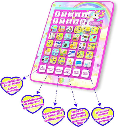 Lexibook Unicorn Educational Bilingual Interactive Learning Tablet, Toy to Learn Alphabet Letters Numbers Words Spelling and Music, English / Spanish Languages, Pink, JCPAD002UNIi2