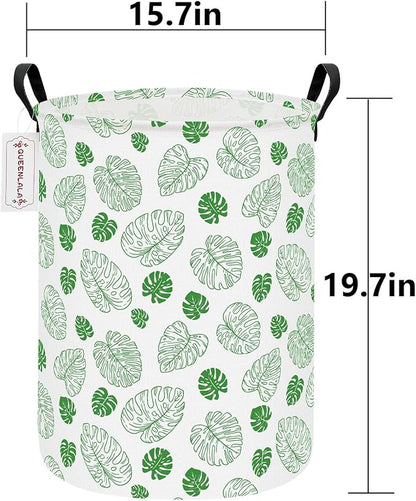 QUEENLALA Large Storage Basket,Laundry Hamper/Bathroom/Home Decor/Collapsible Round Storage Bin,Boys and Girls Hamper/Boxes/Clothing(Round-Green Leaf)