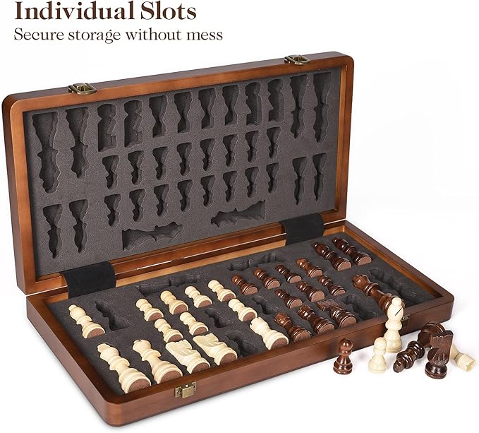 ELONGDI 15" Wooden Chess Set with Magnetic Pieces - Extra Queens - Folding Chessboard Portable Travel Tournament Chess Board Games for Adults Kids