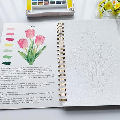 Watercolor Workbook 15 Beautiful Flowers Paintings for Adults &Teens Beginners,Water Coloring Book 140lb Cold Press Cotton Watercolor Paper-Ideal Gifts to Spark Creativity Stress Relief(10.2" x 6.9")