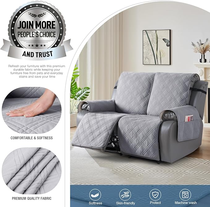 TAOCOCO 100% Waterproof Loveseat Recliner Cover with Anti Slip Backing, Split Loveseat Covers for Reclining Loveseat with Elastic Straps Furniture Protector for Kids Pets(2 Seater, Light Grey)
