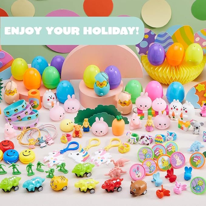 JOYIN 200 Pcs Prefilled Easter Eggs with Novelty Toys and Stickers, Filling Treats, Easter Eggs Hunt, Basket Stuffers Fillers, Theme Party Favor, Classroom Prize