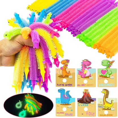 Valentines Day Cards for Kids- 24Pcs Dinosaur Valentines Cards with Glow in Dark Dinosaur Stretchy String Sensory Fidget Toys for Kids Valentines Party Favors Classroom Exchange Gifts School Supplies