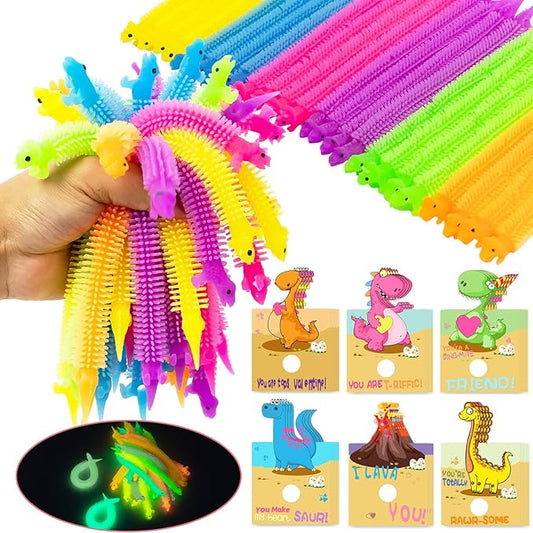 Valentines Day Cards for Kids- 24Pcs Dinosaur Valentines Cards with Glow in Dark Dinosaur Stretchy String Sensory Fidget Toys for Kids Valentines Party Favors Classroom Exchange Gifts School Supplies