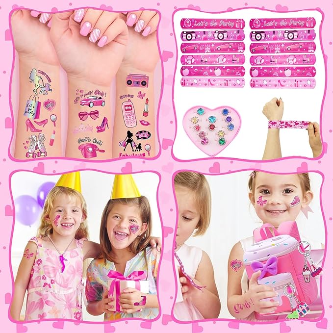 Pink Party Favors 98 Pc Princess Party 12 keychain, 12 Tattoo stickers, 12 bracelets, 12 Glass diamond ring, 50 stickers sheet for Girl Hot Pink Birthday Party Supplies