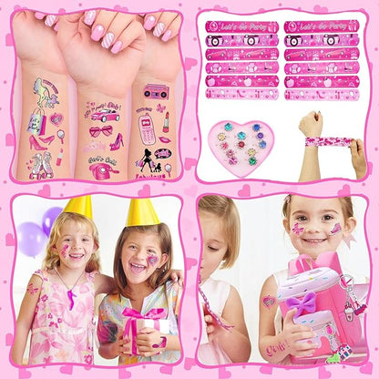 Pink Party Favors 98 Pc Princess Party 12 keychain, 12 Tattoo stickers, 12 bracelets, 12 Glass diamond ring, 50 stickers sheet for Girl Hot Pink Birthday Party Supplies