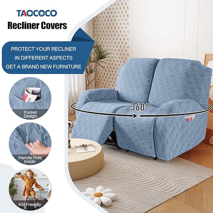 TAOCOCO Recliner Loveseat Cover, Stretch Jacquard Reclining Loveseat Cover Furniture Protector Sofa Slipcovers 2 Seat Recliner Covers with Elastic Bottom for Kids, Pets (Light Blue)