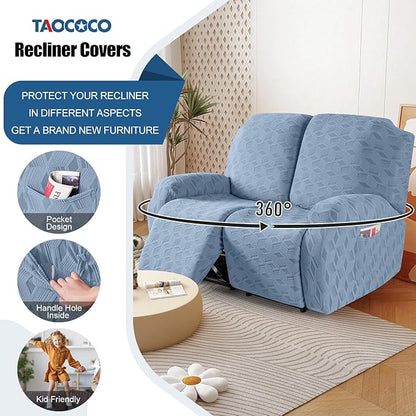 TAOCOCO Recliner Loveseat Cover, Stretch Jacquard Reclining Loveseat Cover Furniture Protector Sofa Slipcovers 2 Seat Recliner Covers with Elastic Bottom for Kids, Pets (Light Blue)
