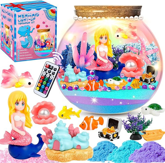 Light Up Mermaid Terrarium Kit for Kids, DIY Mermaid Toys Craft Kits for Kids, LED Night Light with Remote for Girls Ages 4-12 Year Old, 4 Light Modes, DIY Arts & Crafts Gift for Girls