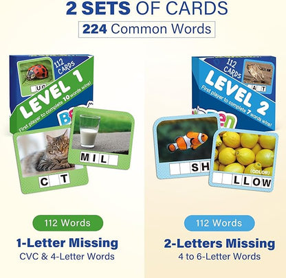 BenBen Spelling Games with 224 Flashcards, 2-4 Players, Learning Games for Kids Ages 4-8, Educational Toys for Kindergarten 1st 2nd 3rd Grade, Preschool Classroom Must Haves