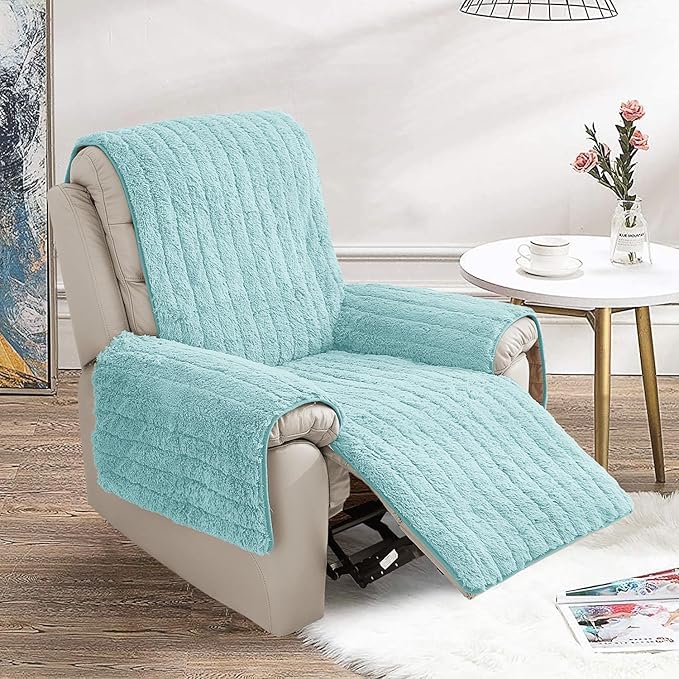 RBSC Home Plush Recliner Slipcover 30 Inches Baby Blue Chair Covers Artificial Wool Lazy Boy Cover Quilted Cover for Recliner Chairs and Furniture Soft Warm