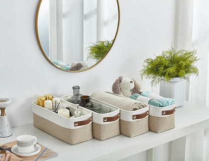 DECOMOMO Narrow Storage Bins Small Baskets for Organizing Bathroom, Toilet Tank, Towel Storage, Entryway, Gifts (Beige and White - Set of 4)