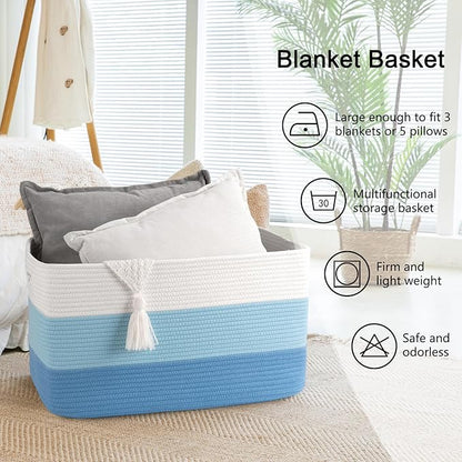 OIAHOMY Large Blanket Basket, 22”x17”x12” Rectangle Woven Baskets, Nursery Blanket Storage Living Room, Toy Storage With Handle, Large Baskets for Organizing-Gradient Light Blue