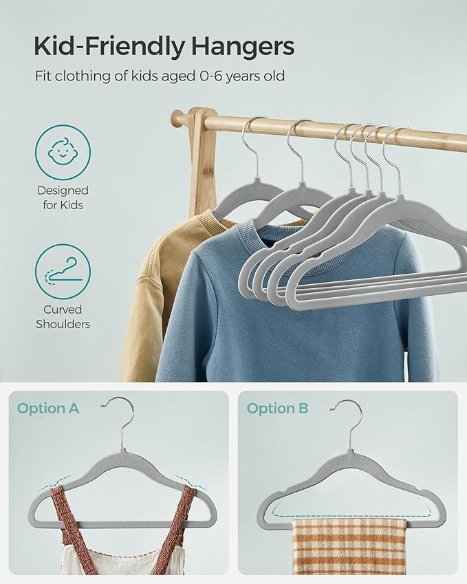 SONGMICS Baby Hangers 30 Pack, Kids Hangers for Closet, 11.8 x 8.1 Inches, Silver 360° Swivel Hooks, Space-Saving Clothes Hangers, Velvet Hangers for Nursery, Non-Slip, Dove Gray UCRF027G30