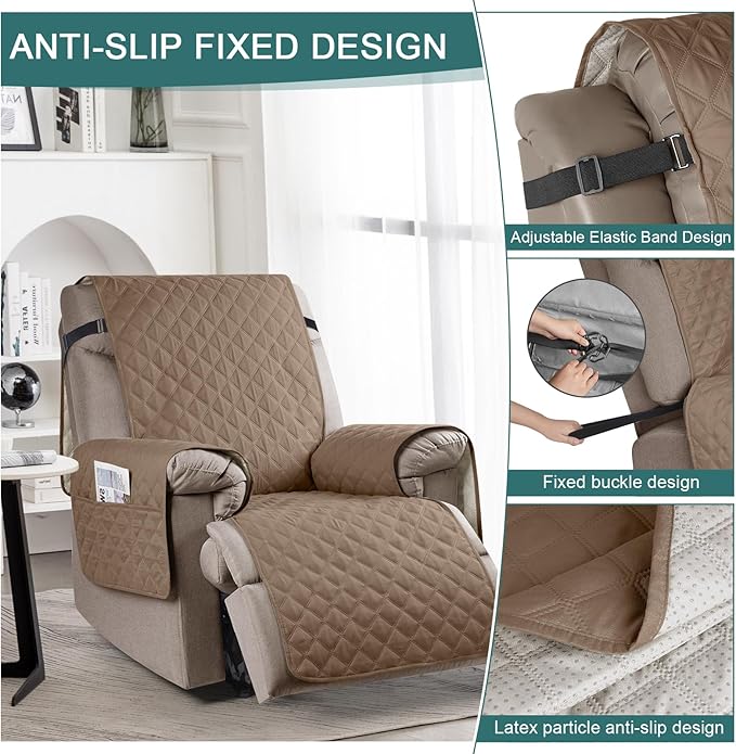 Ruaozz 100% Waterproof Recliner Chair Cover Non-Slip Reclining Cover for Recliner Chair Washable Chair Seat Cover with Elastic Straps for Kids, Dogs, Pets (Light Brown, 23'')