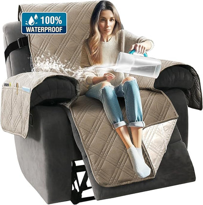 H.VERSAILTEX 100% Waterproof Cover for Recliner Chair 1-Piece Reversible Recliner Covers for Large Recliner with Elastic Straps Sitting Width Up to 28" (Oversized Recliner, Taupe/Beige)