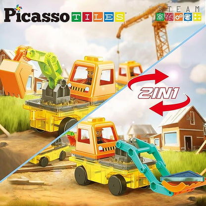 PicassoTiles Magnet Tiles Building Block 2-in-1 Excavator & Backhoe Brick Compatible Construction Playset with Car Base Magnetic Character Action Figure STEM Educational Learning Toy Kit Age 3+ PTU04