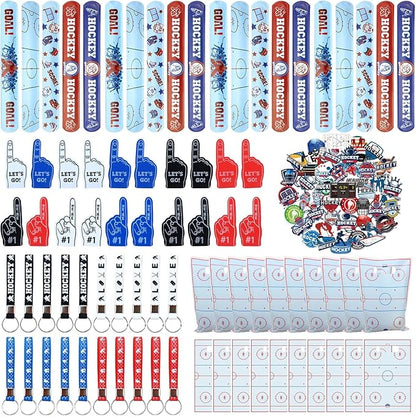 130PCS Hockey Party Favors - Incliding Hockey Keychains, Ice Hockey Gift Bags, Slap Bracelets, Hockey Stickers, Sports Mini Foam Fingers for Boys Fans Sports Hockey Birthday Party Supplies