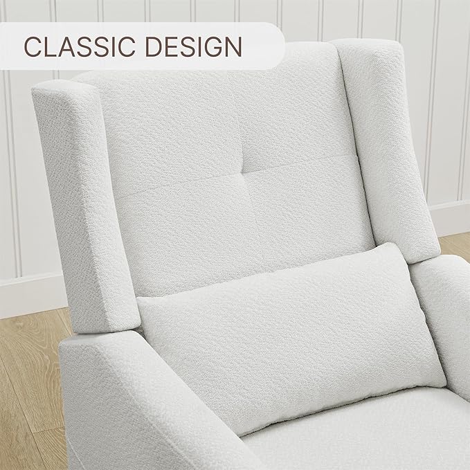 Upholstered Recliner Swivel Glider Nursery Chair Reclining Performance Fabric Rocker with Wood Base,Boucle,Ivory
