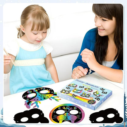 B1ykin 30Pcs Polar Animals Scratch Mask Gift Set, DIY Magic Winter Arctic Animal Scratch Masks Craft Kit for Kids, Color Paper Party Favors for Birthday School Classroom Art Activity Project