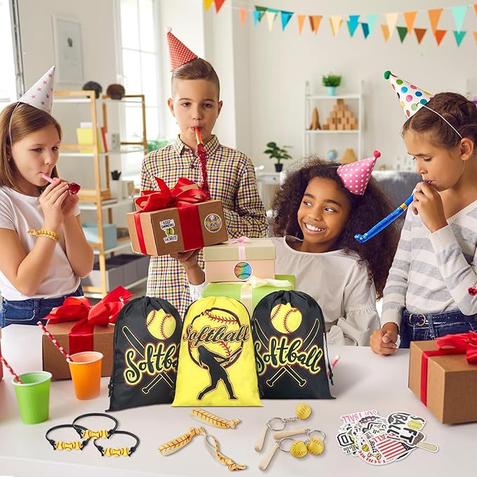 Jenaai 148 Pcs Softball Party Favors Include Softball Drawstring Bags Softball Charm Bracelets Softball Keychain Softball Hair Ties Softball Stickers, Softball Gifts for Women Birthday(Classic)