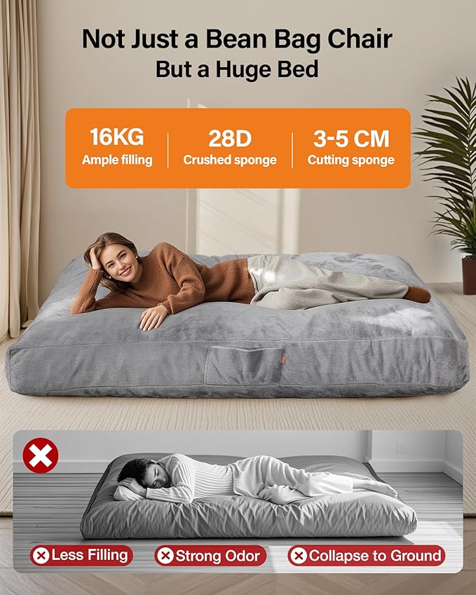Giant Bean Bag Convertible Chair: Bean Bag Chair for Adults Kids Teens Couples for Lay Sleep in Living Room Bedroom Reading Room Game Room - Bean Bag Chair Supportive Foam Filling Washable(Full)