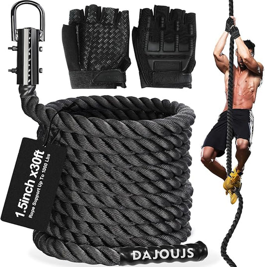 Climbing Rope Gym Workout - 1.5 Inch Dia 10FT 15FT 20FT 25FT 30FT 35FT 40FT 50FT Heavy Duty Work Out Rope Exercise Climbing Ropes for Adults Kids Fitness & Strength Training Outdoor & Indoor - Black