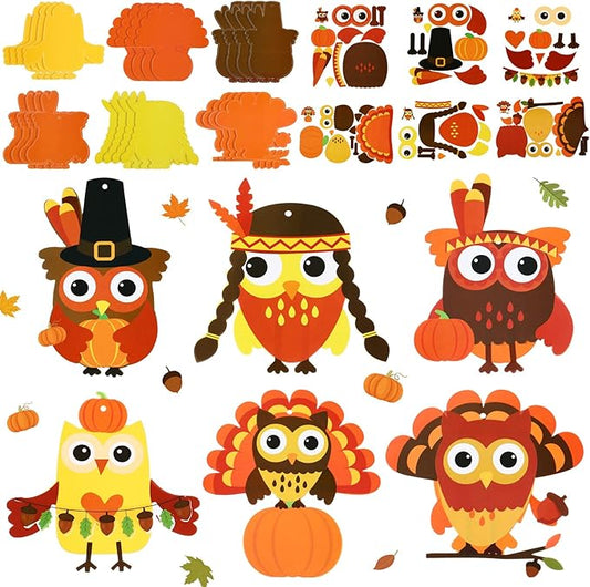 Autumn Thanksgiving Owl Craft Kit for Kids DIY Fall Turkey Day Paper Craft Kits Assorted Owl Shapes Gift with Pumpkins Favors Thanksgiving Day Project Home Classroom Game Activities(24 Sets)