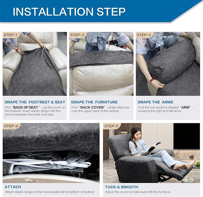 Like Leather Recliner Chair Covers, 4 Pieces Lazy Boy Recliner Cover That Stay in Place, Soft Stretch Leather Grain Covers for Recliner Covers for Large Recliner Slipcover(Dark Grey)