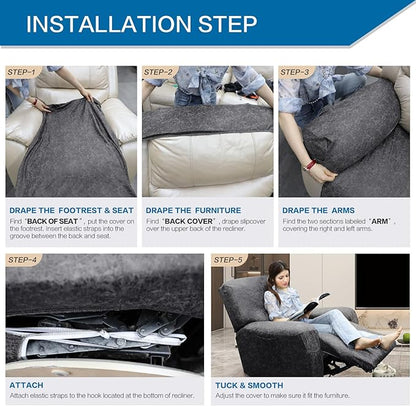 Like Leather Recliner Chair Covers, 4 Pieces Lazy Boy Recliner Cover That Stay in Place, Soft Stretch Leather Grain Covers for Recliner Covers for Large Recliner Slipcover(Dark Grey)