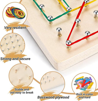 Wooden Geoboards, Wooden Letter Number Construction Puzzle Board, Montessori Toys for Kids with 20 Pattern Cards, 50 Rubber Bands to Figures and Shapes, Brain Teaser STEM Toy（9.5*6 *0.6in）
