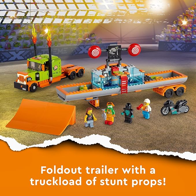 LEGO City Stunt Show Truck 60294 Building Toy Set with Launch Ramps and a Dunk Tank Plus a Flywheel-Powered Stunt Bike