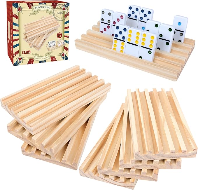 GOTHINK Wooden Domino Racks Set of 8 Trays for Mexican Train Dominoes Games Domino Tiles Holders Mexican Train Accessories for Adults & Kids - Dominoes NOT Included
