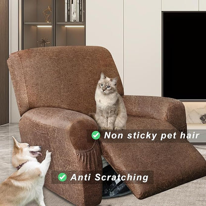 Like Leather Recliner Chair Covers, 4 Pieces Lazy Boy Recliner Cover That Stay in Place, Soft Stretch Leather Grain Covers for Recliner Covers for Large Recliner Slipcover (Light Brown 1)