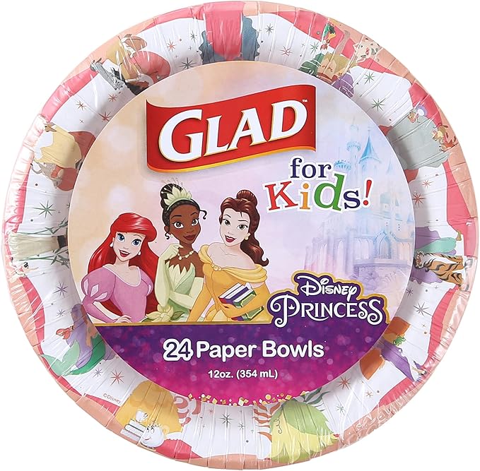 Glad for Kids Disney Princess 12oz Paper Snack Bowls - Magic is in All of Us - Durable, Soak Proof & Microwavable Disposable Bowls - 24ct bulk - Get the Matching Party Paper Plates & Party Cups