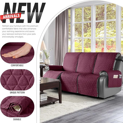 TAOCOCO 100% Waterproof Recliner Sofa Cover-Non Slip Split Couch Covers for Reclining Couches with Elastic Straps,Couch Covers for 3 Cushion Couch Sofa Pet Friendly(Wine, 3 Seater)